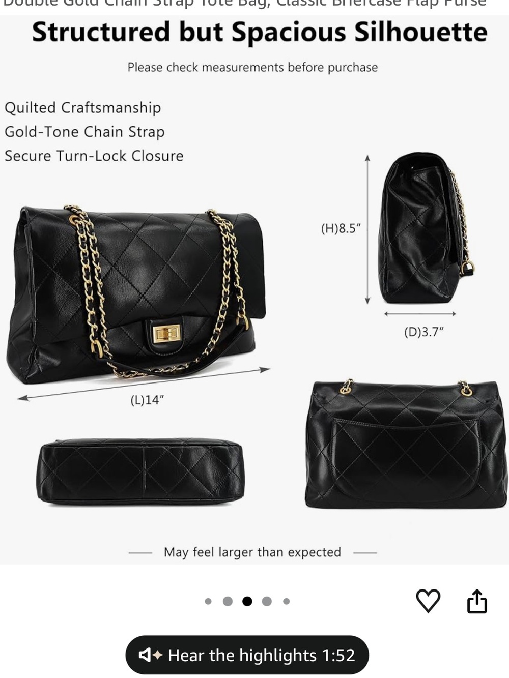 Large Black Quilted Shoulder Bag with Chain Strap - Picture 2 of 3